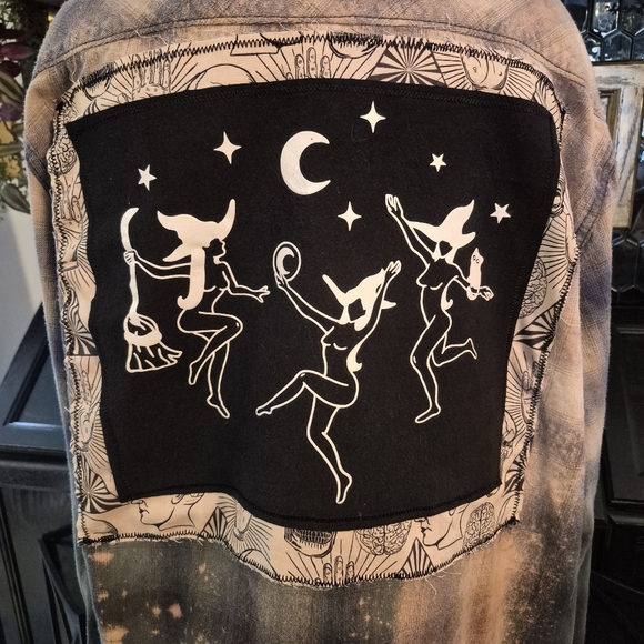 Witchy Women Upcycled Bleached Distressed Flannel Shirt With Heat Bonded Patch - Picture 5 of 6